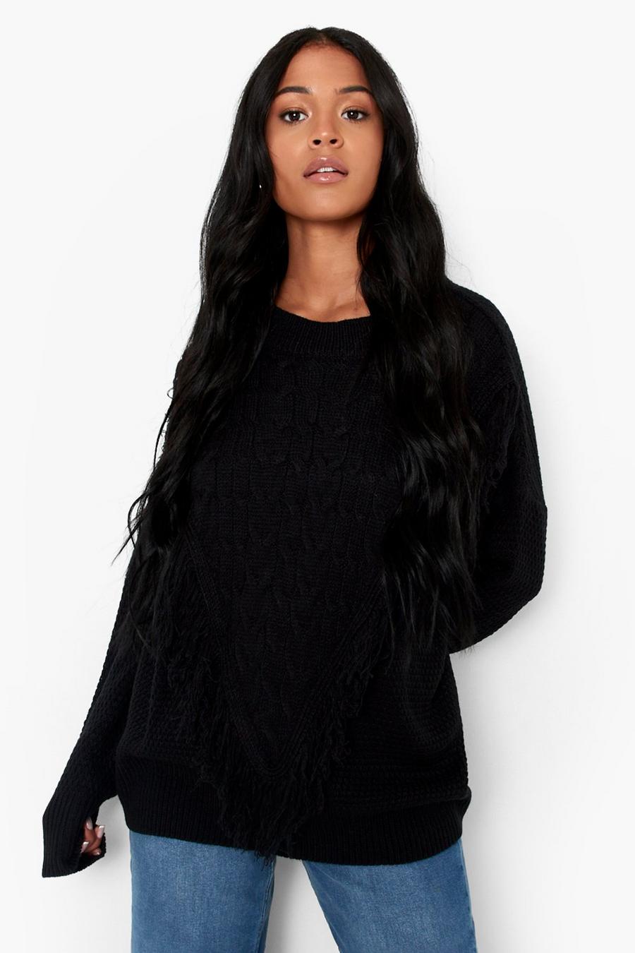 Black Tall Cable Knit Fringed Oversized Jumper image number 1