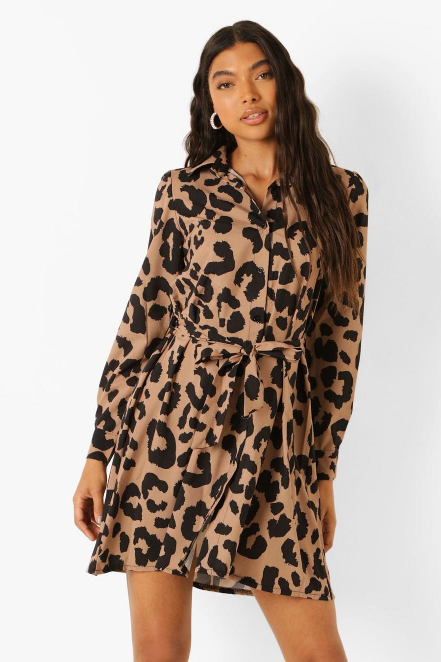 Brown Tall Woven Leopard Tie Waist Shirt Dress image number 1