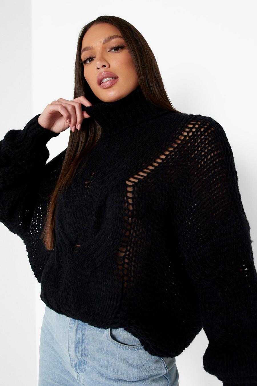 Black Tall Roll Neck Large Cable Knit Jumper image number 1