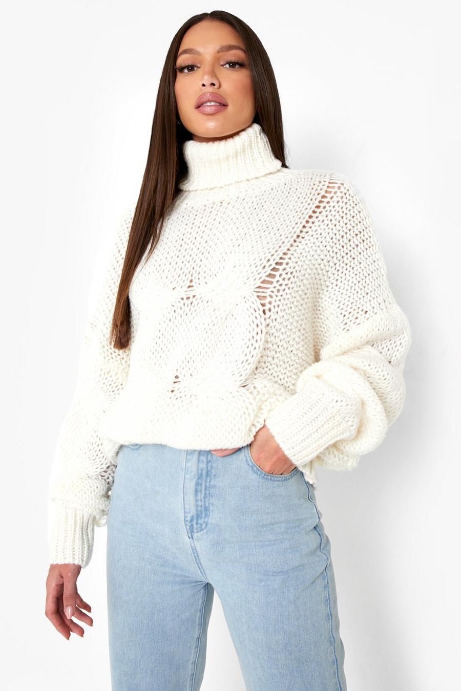 Cream Tall Roll Neck Large Cable Knit Jumper image number 1