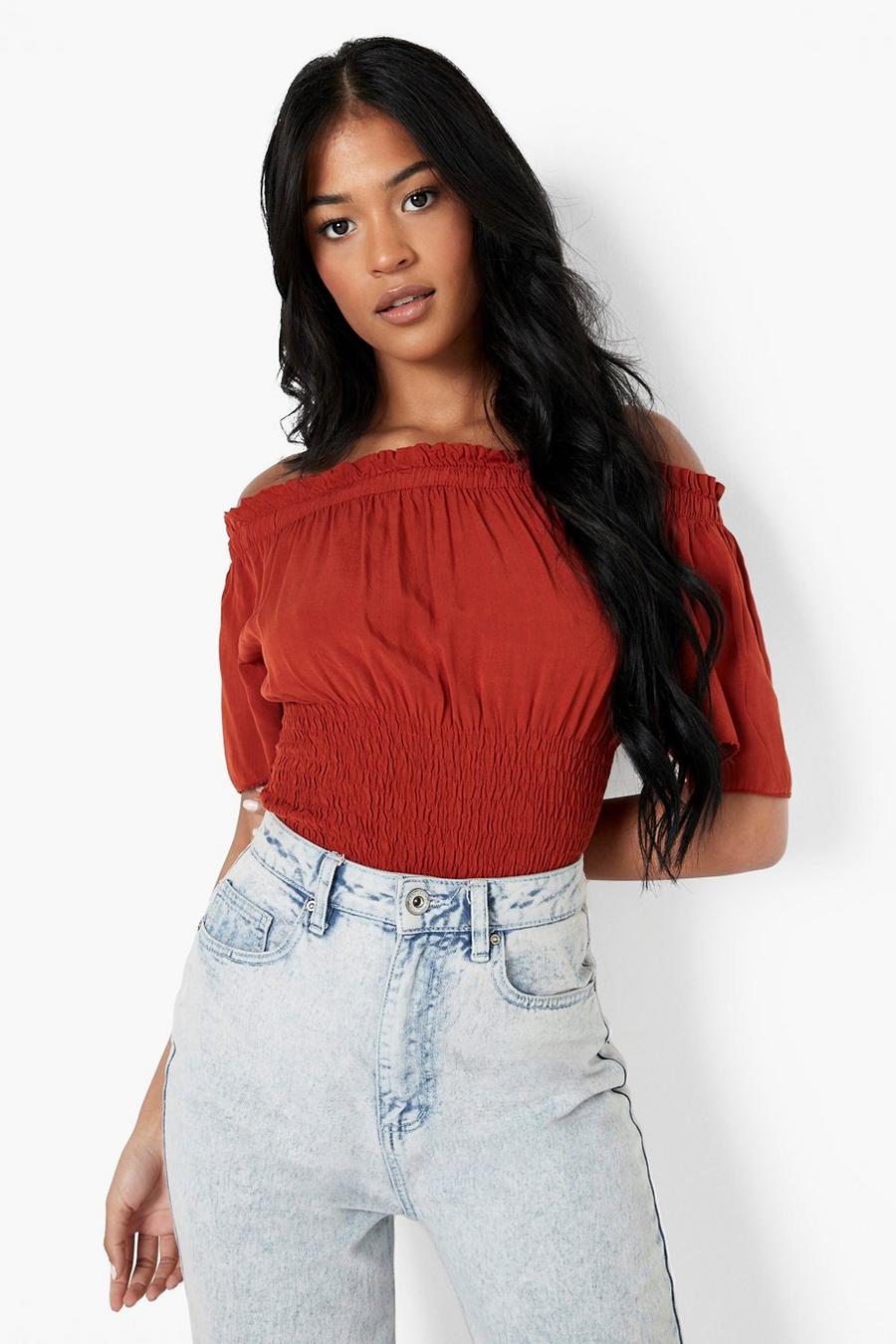 Rust Tall Shirred Waist Off The Shoulder Top image number 1