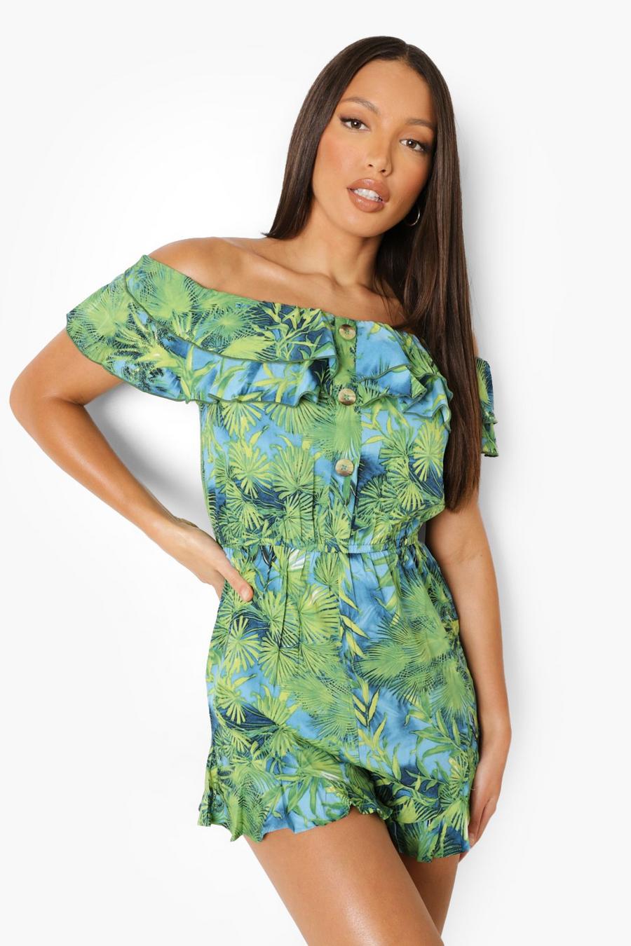 Green Tall Off The Shoulder Tropical Playsuit image number 1
