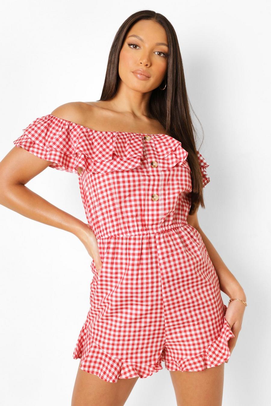 Tall schulterfreier Gingham Playsuit, Red image number 1