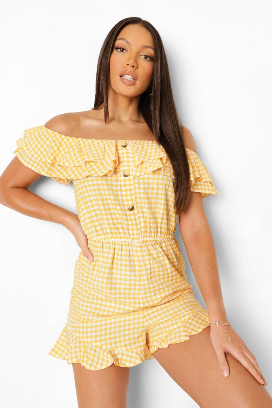 Yellow Tall Off The Shoulder Gingham Romper image number 1