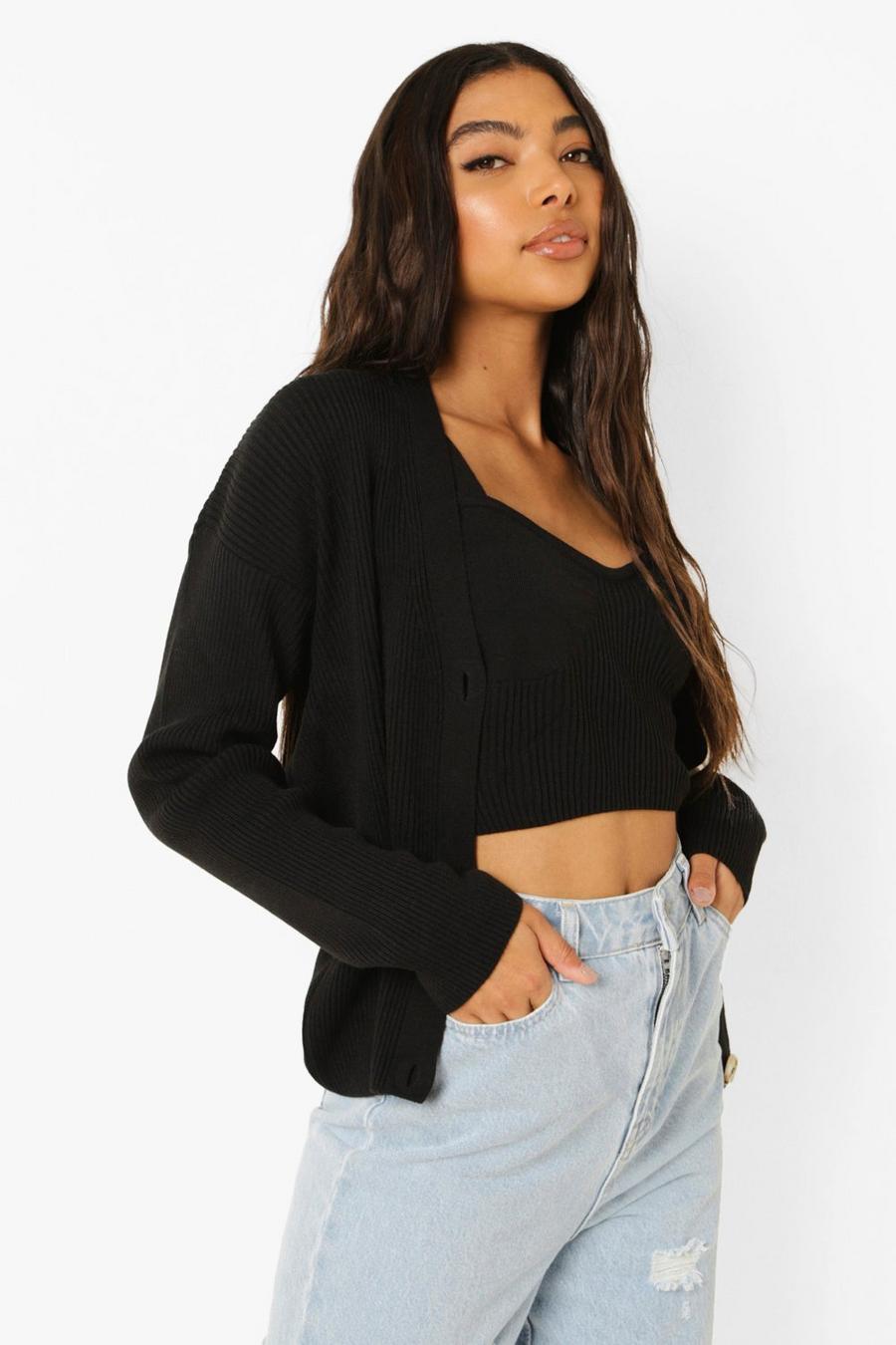 Black Tall Knitted Bralet And Cardigan Co-Ord image number 1