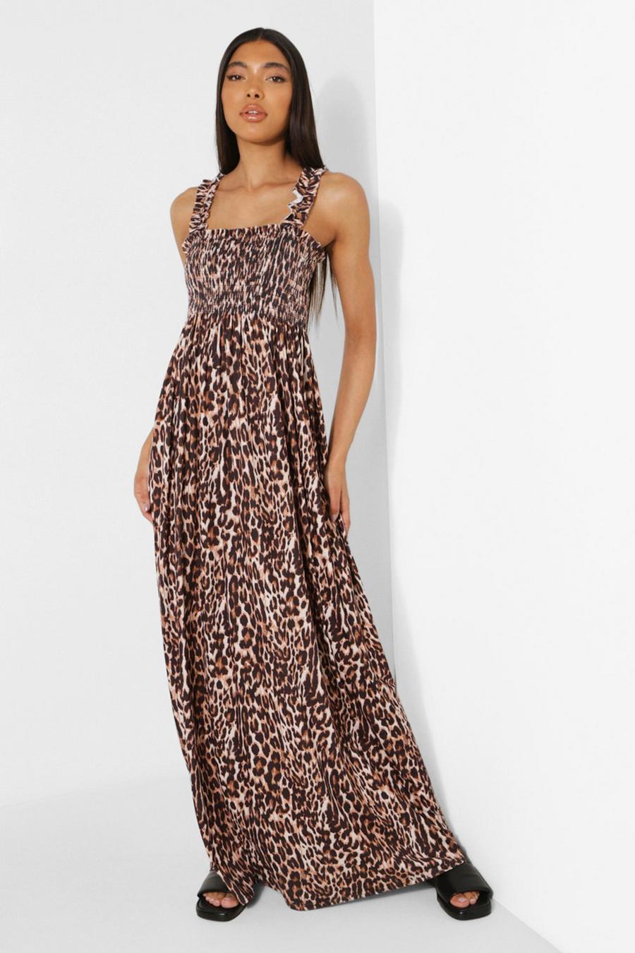 Brown Tall Shirred Ruffle Strap Leopard Maxi Dress image number 1