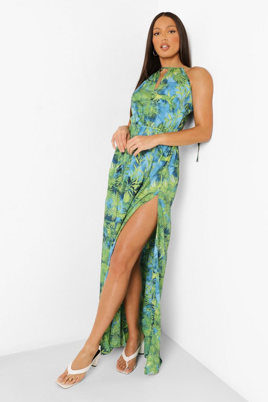 Green Tall Tropical Backless Maxi Dress image number 1