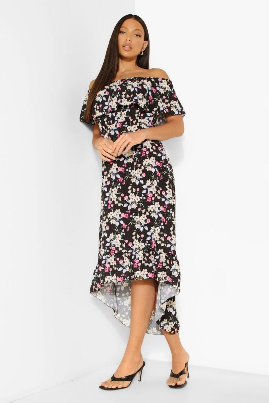 Black Tall Woven Floral Print Off The Shoulder Maxi Dress image number 1