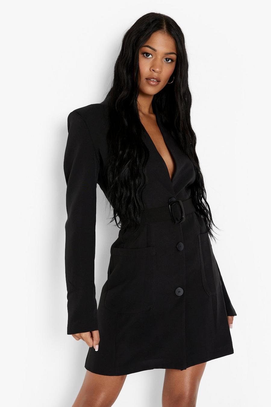Black Tall Belted Pocket Detail Blazer Dress image number 1