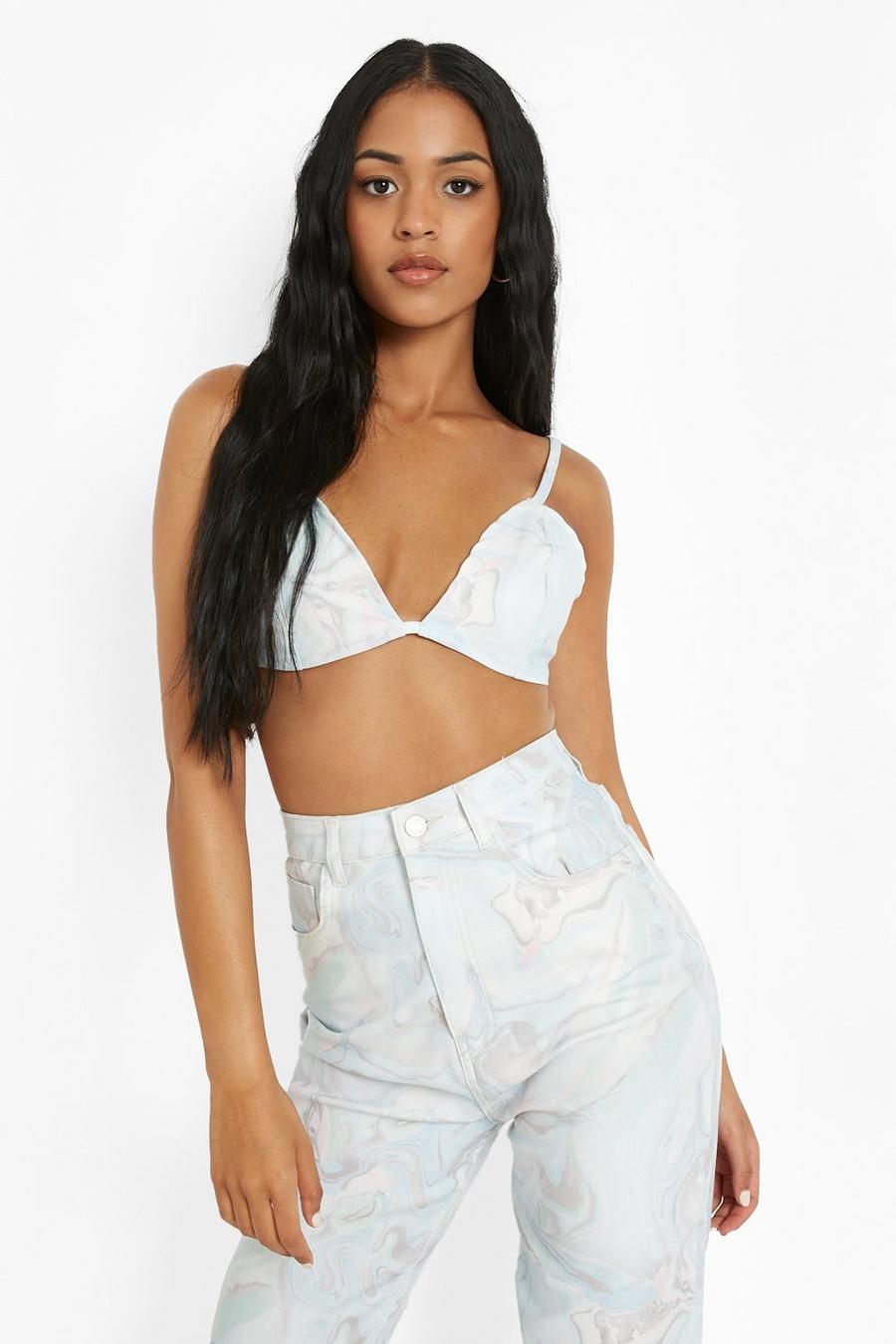 Top Tall a bralette in denim marmorizzato, Light blue image number 1