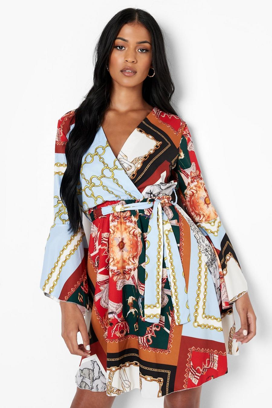 Black Tall Chain Print Wrap Belted Dress image number 1
