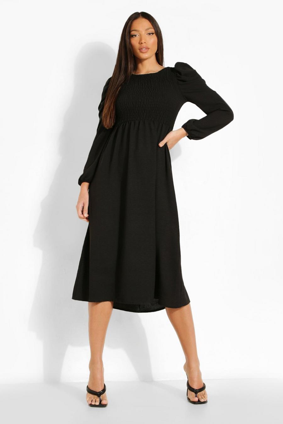 Black Tall Woven Shirred Puff Sleeve Midi Dress image number 1