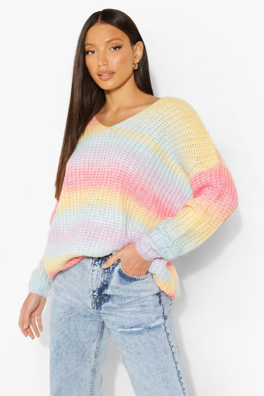 Pink Tall Rainbow Ombre V Neck Jumper image number 1