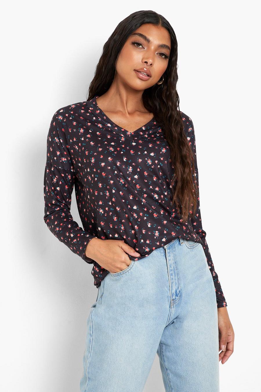 Black Tall Floral Print Oversized Long Sleeve Top image number 1