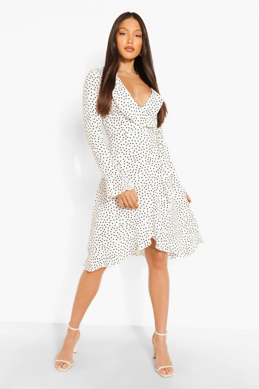 White Tall Polka Dot Wrap Midi Dress image number 1