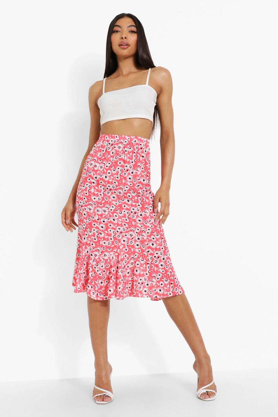 Red Tall Woven Floral High Rise Midi Skirt image number 1