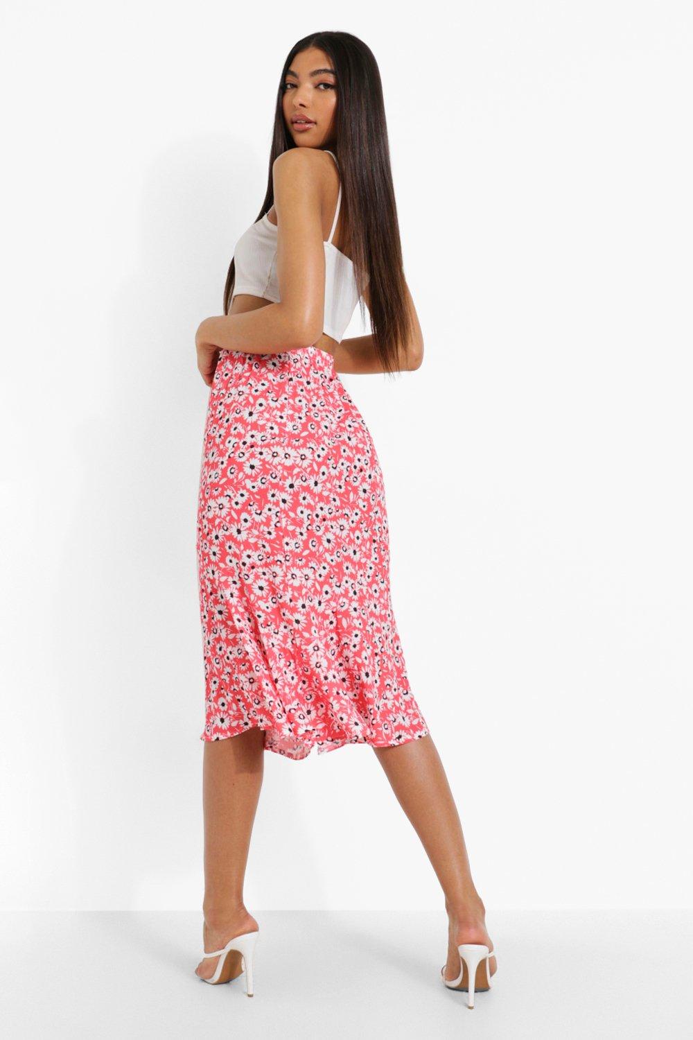 Tall Woven Floral High Rise Midi Skirt boohoo CA