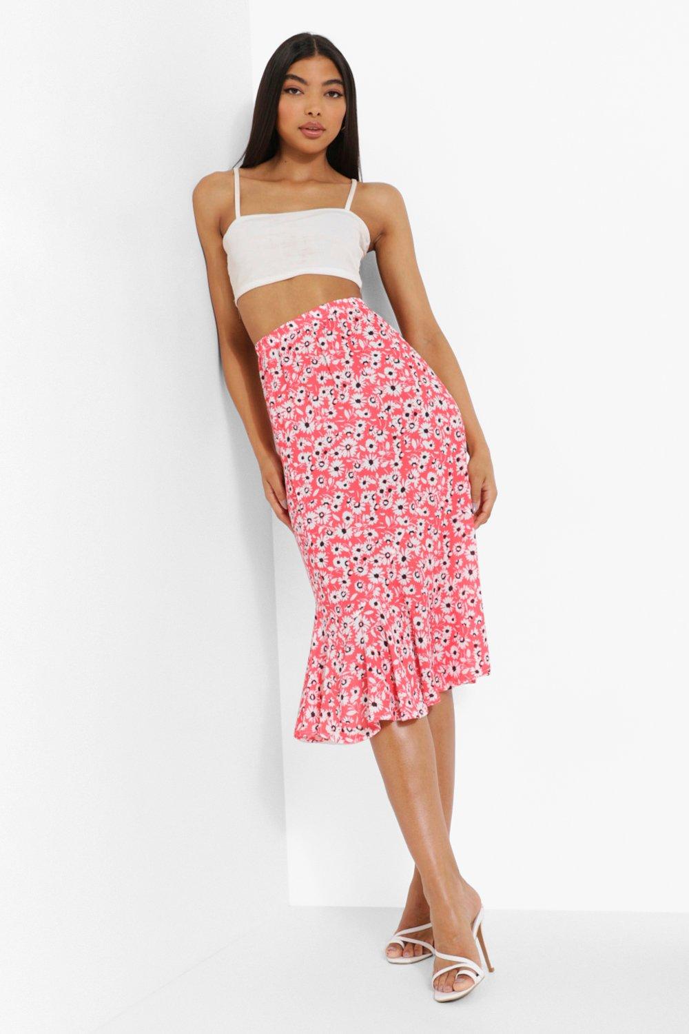 Tall Woven Ditsy Floral High Rise Midi Skirt