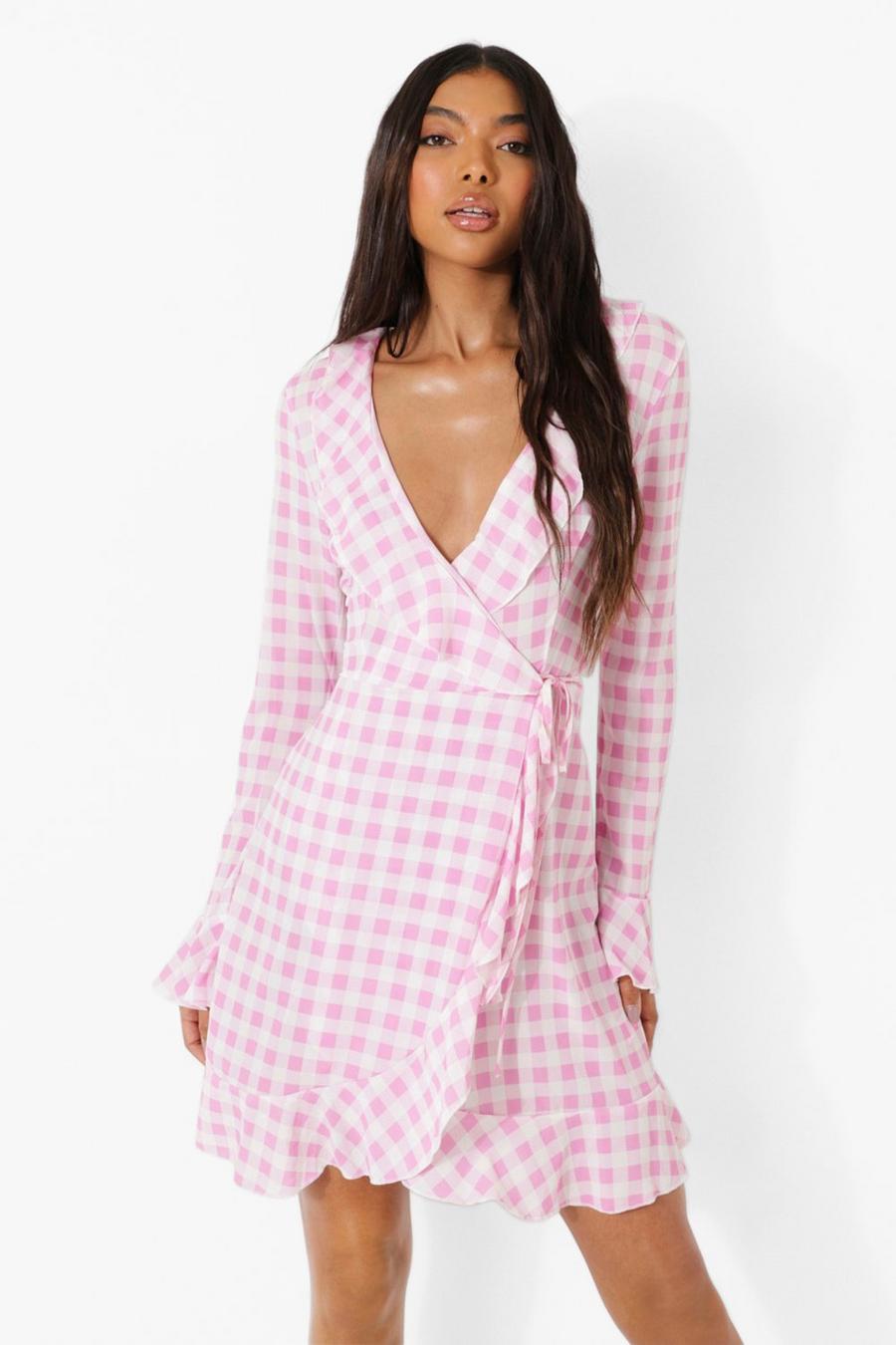 Baby pink Tall Gingham Wrap Tea Dress image number 1