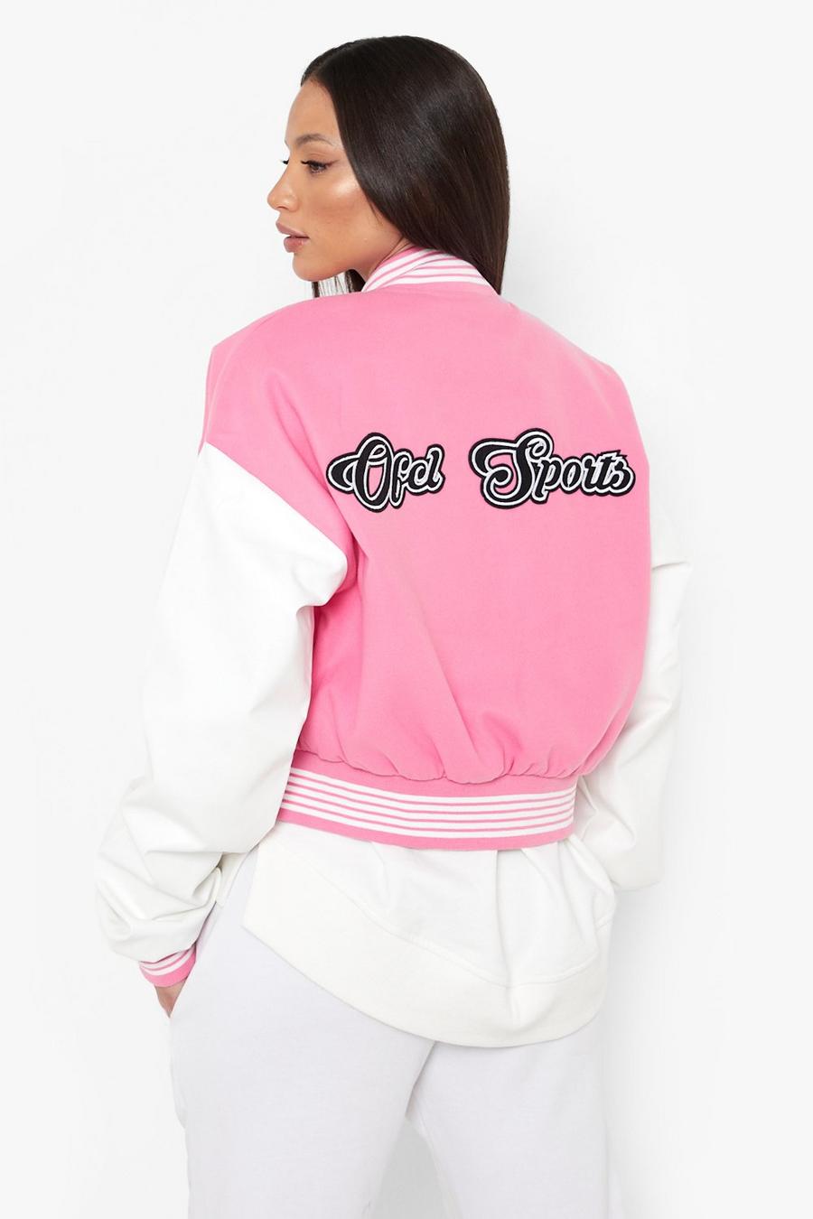 Pink Tall Crop Ofcl Sports Varsity Jacket image number 1