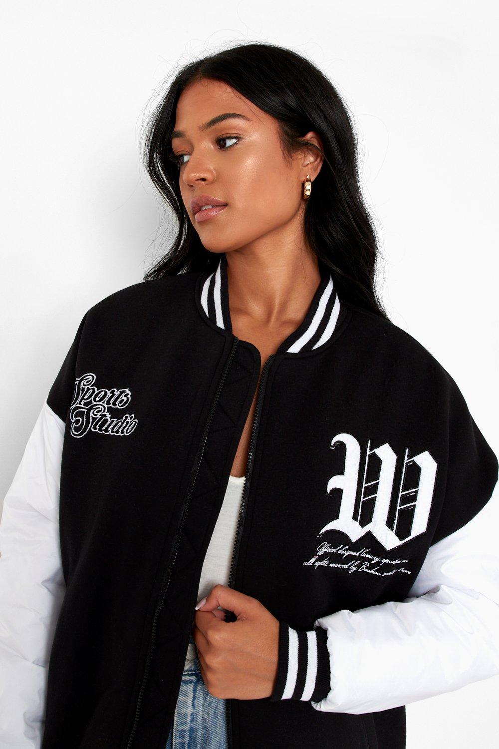 Plus Black Contrast Sleeve Graphic Bomber Jacket