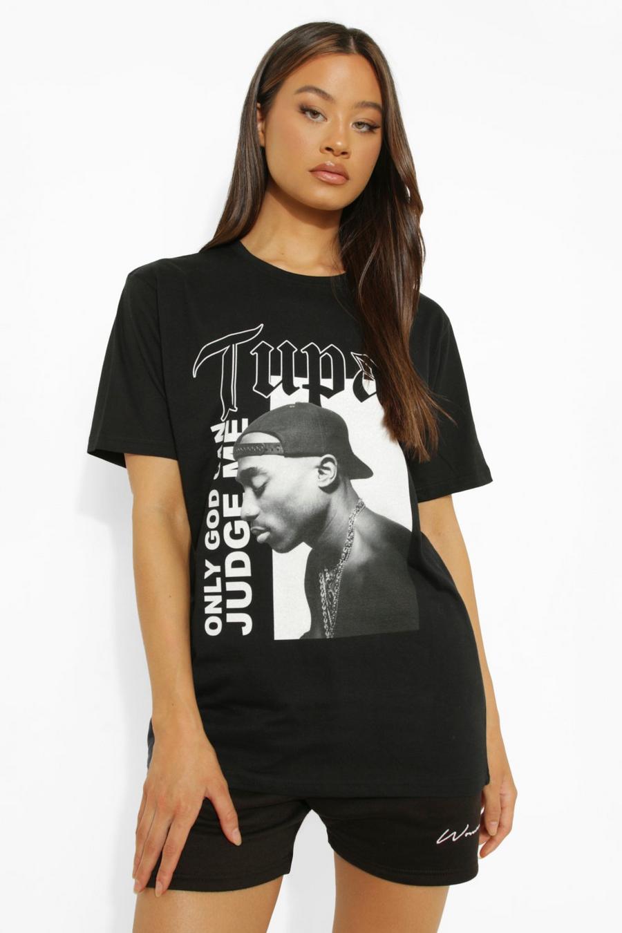 שחור טישרט ממותגת עם הדפס Tupac לנשים גבוהות image number 1