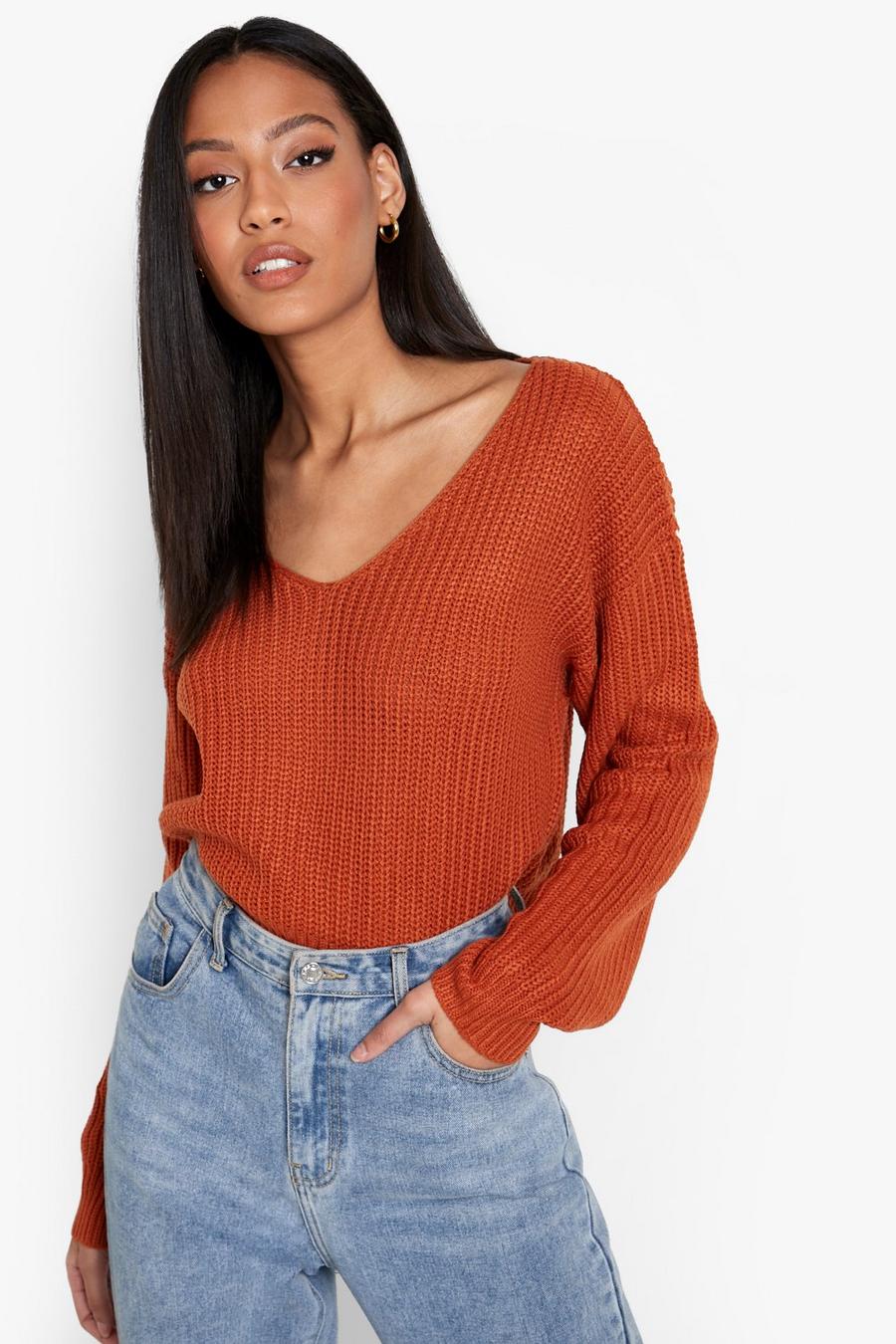Rust Recycled Tall V Neck Sweater image number 1