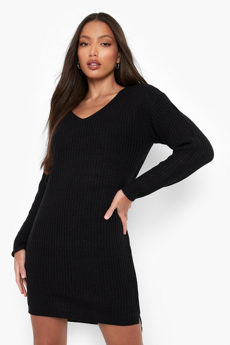 Tall recyceltes Pulloverkleid mit V-Ausschnitt, Black schwarz