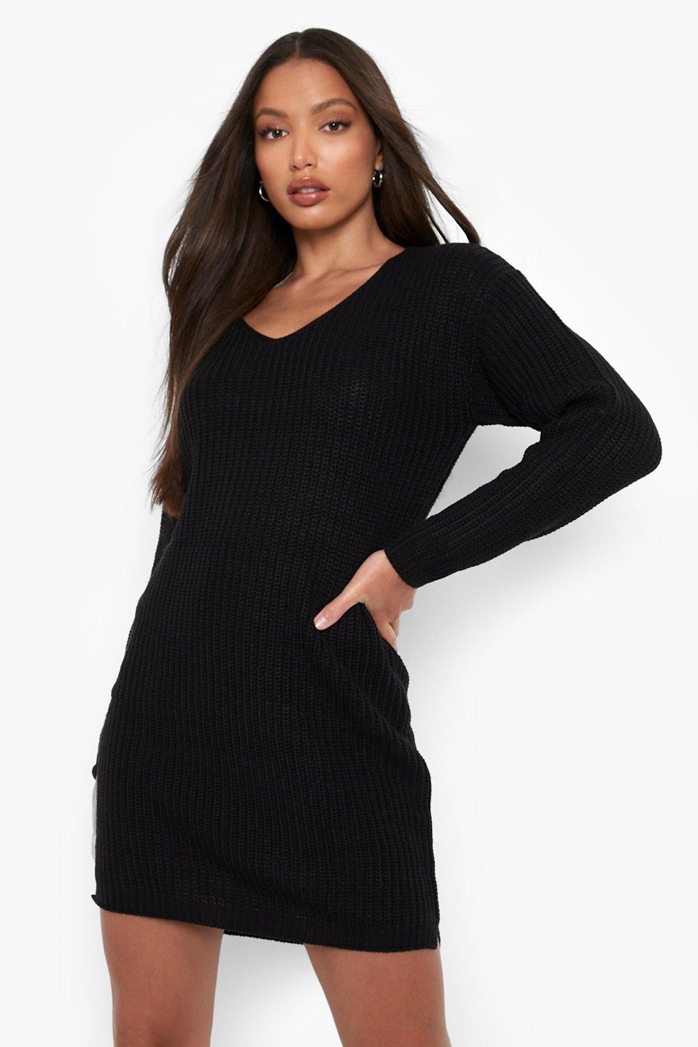 Black v clearance neck jumper dress