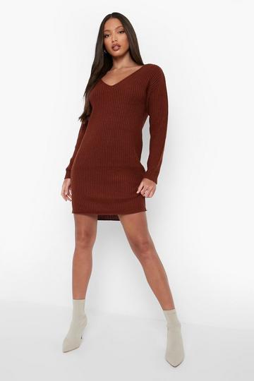 Recycled Tall Basic V Neck Sweater Dress mahogany