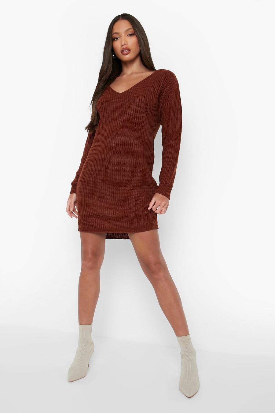 Mahogany שמלת סוודר מבד ממוחזר עם צווארון וי, לנשים גבוהות image number 1