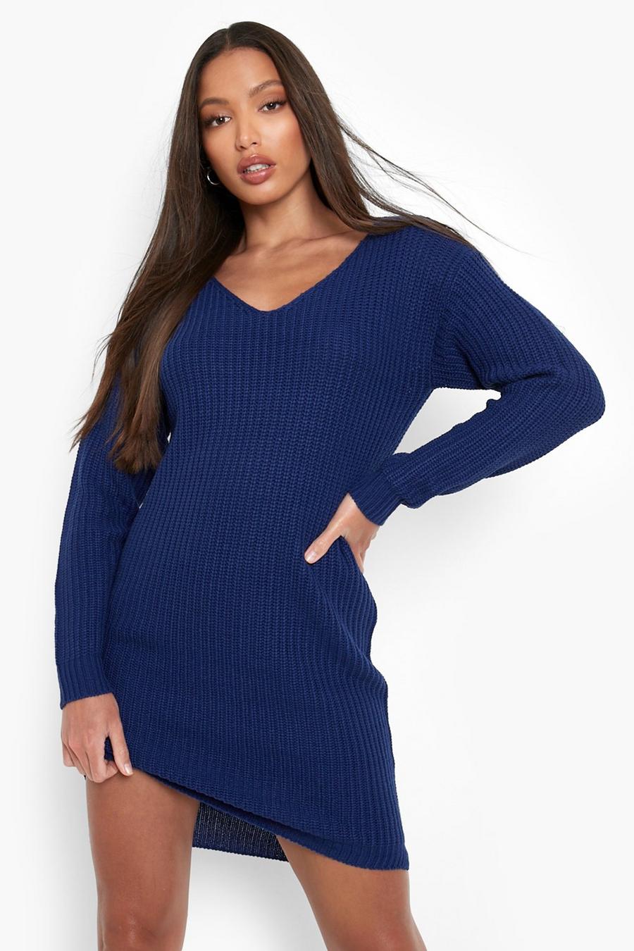 Navy Recycled Tall Basic V Neck Sweater Dress image number 1