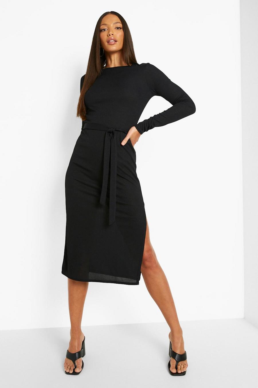 Black Tall Long Sleeve Side Split Belted Midi Dress image number 1