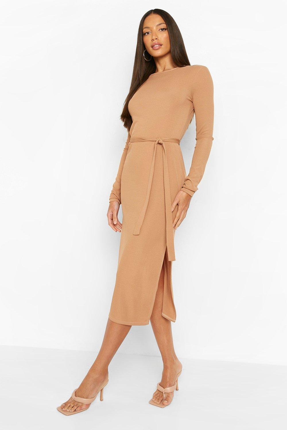 Missguided high neck ribbed 2024 belted dress in beige