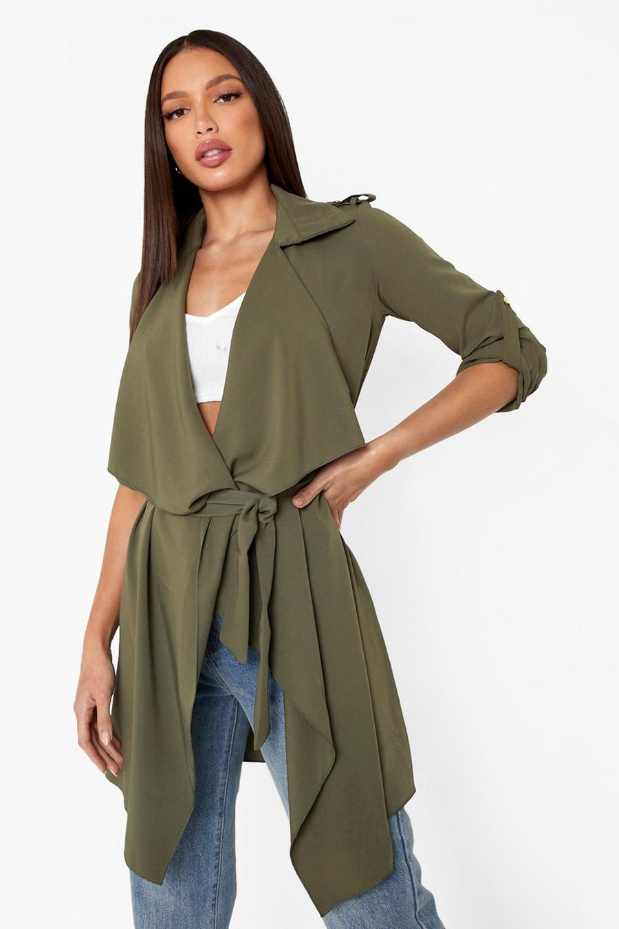 Khaki Tall Waterfall Military Detail Belted Jacket image number 1