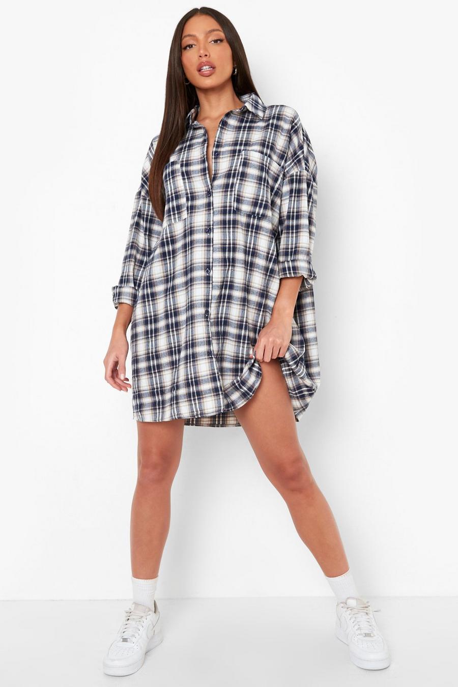 Navy Tall Check Oversized Shirt Dress image number 1
