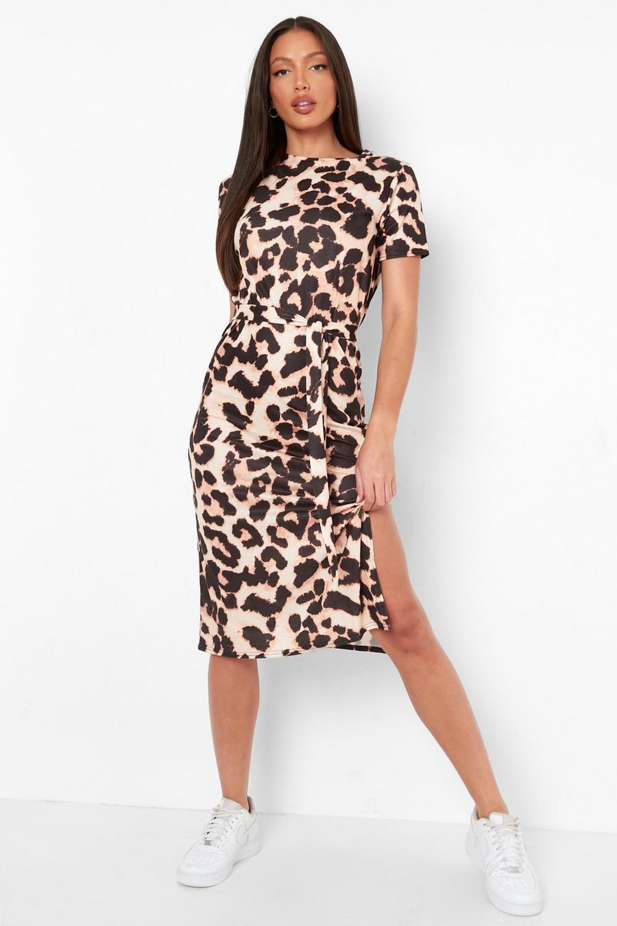 Brown Tall Side Split Belted Leopard T-shirt Dress image number 1