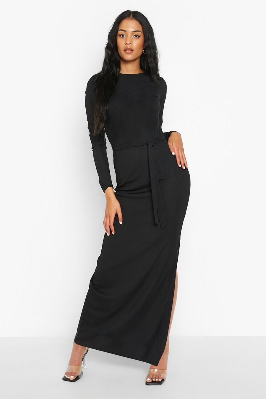 Black Tall Long Sleeve Side Split Belted Maxi Dress image number 1