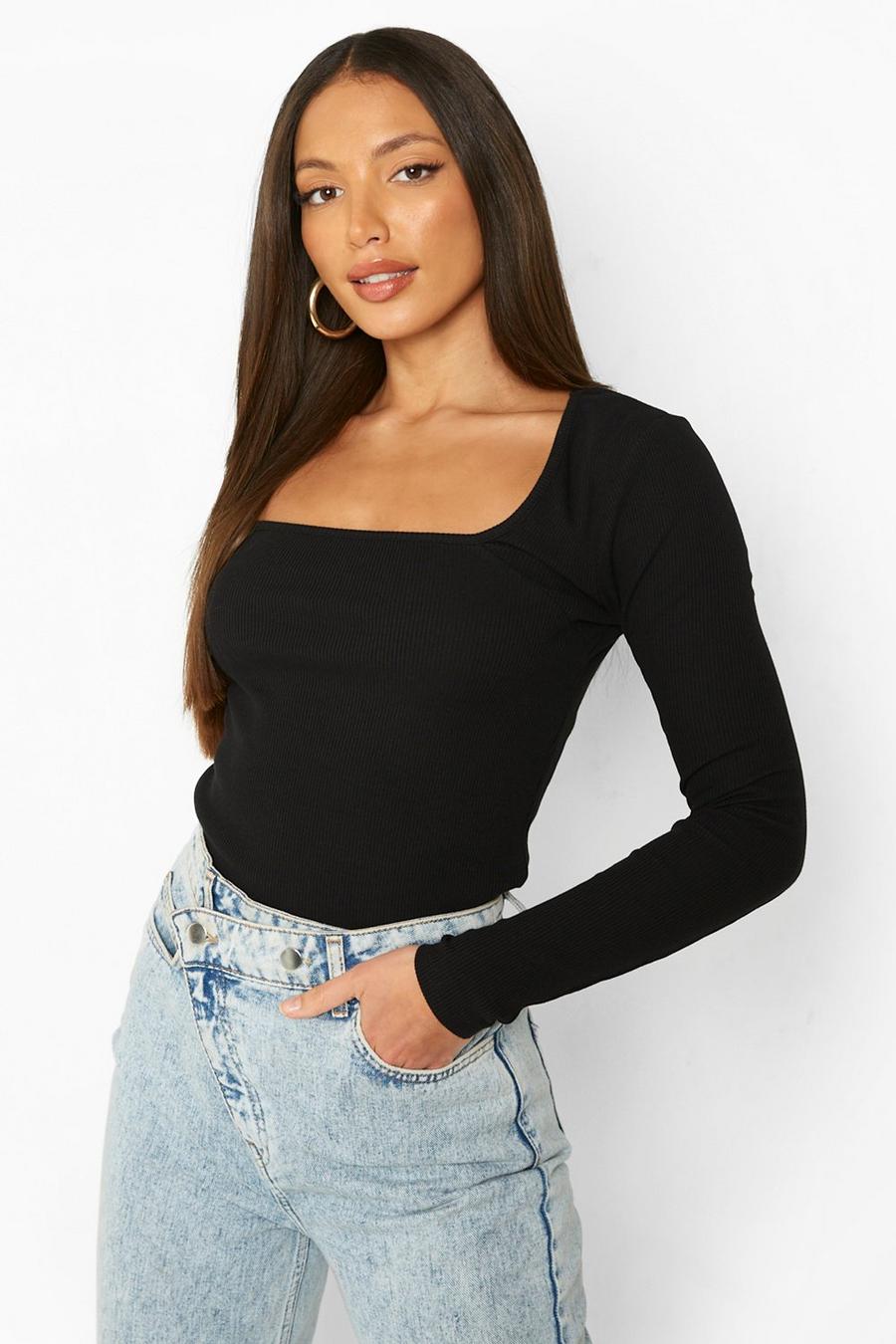 Black Tall Heavy Rib Square Neck Long Sleeve Top image number 1