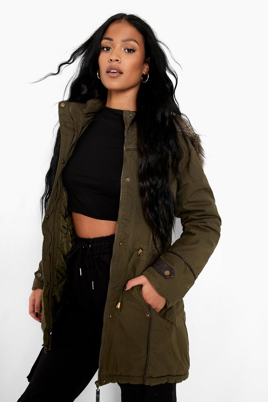 Khaki Tall Parka With Faux Fur Trim Hood image number 1