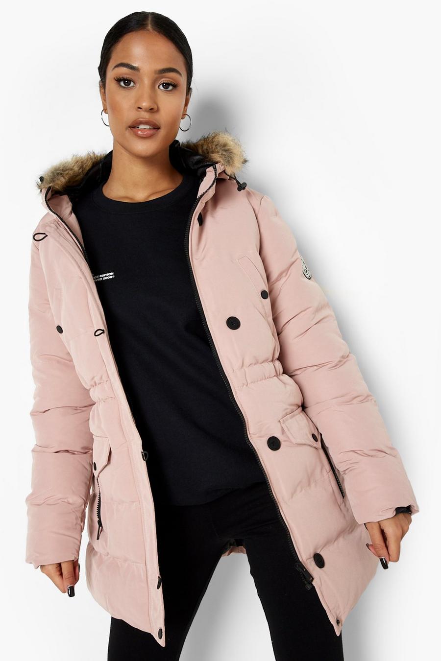 Dusky pink rose Tall Luxe Mountaineering Faux Fur Parka Coat