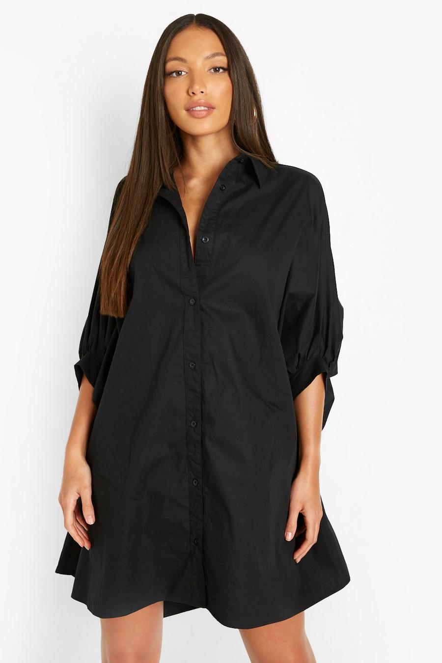 Black Tall Oversized Batwing Sleeve Shirt Dress image number 1
