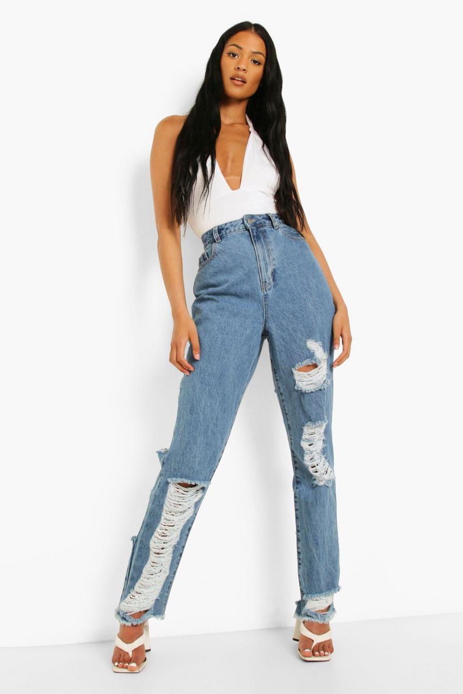Mid blue Tall Heavy Distressing Straight Leg Jeans image number 1