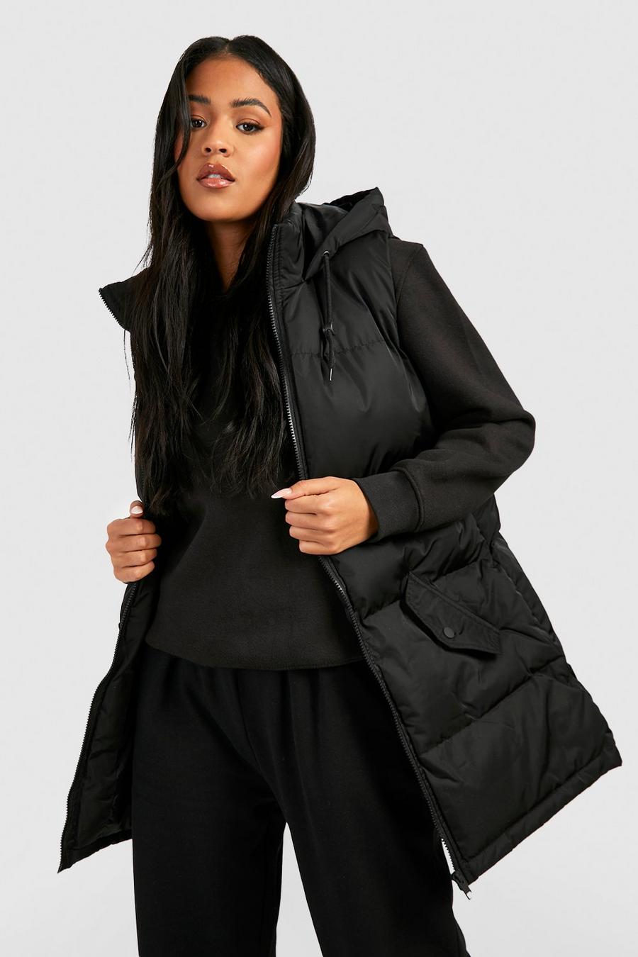 Black Tall Hooded Longline Puffer Gilet image number 1