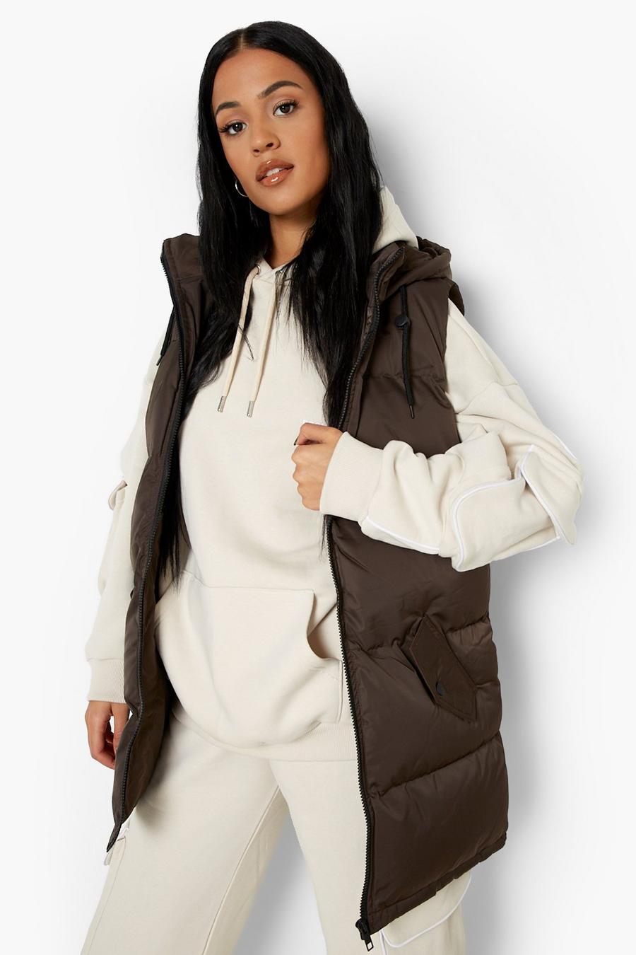 Chocolate Tall Hooded Longline Puffer Gilet image number 1