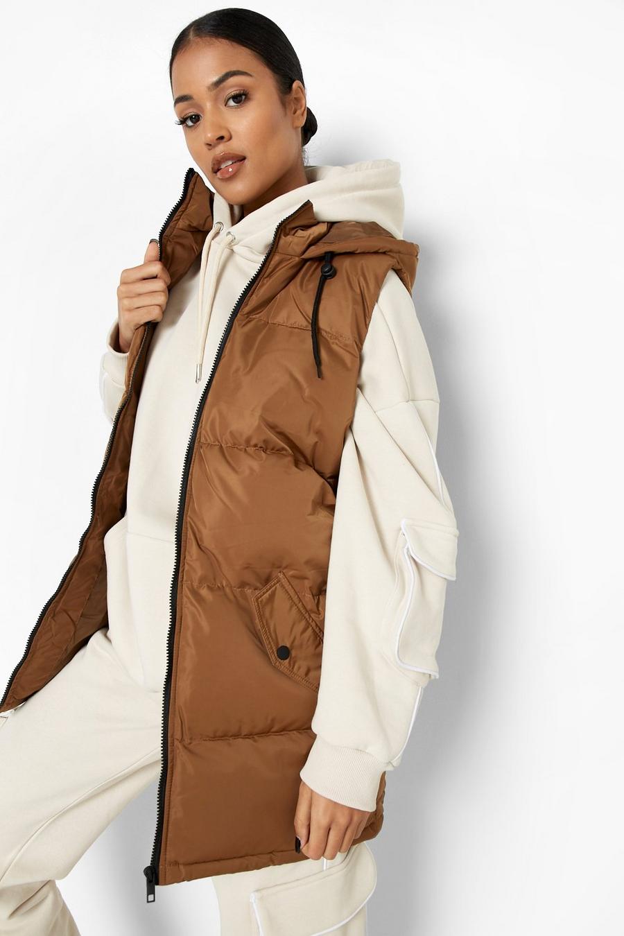 Tan Tall Hooded Longline Puffer Gilet image number 1