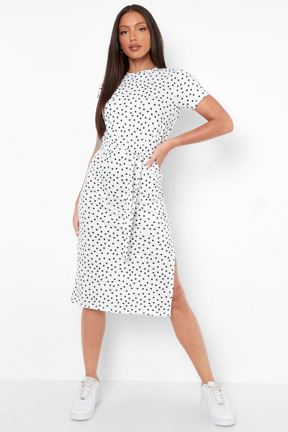 belted polka dot dress