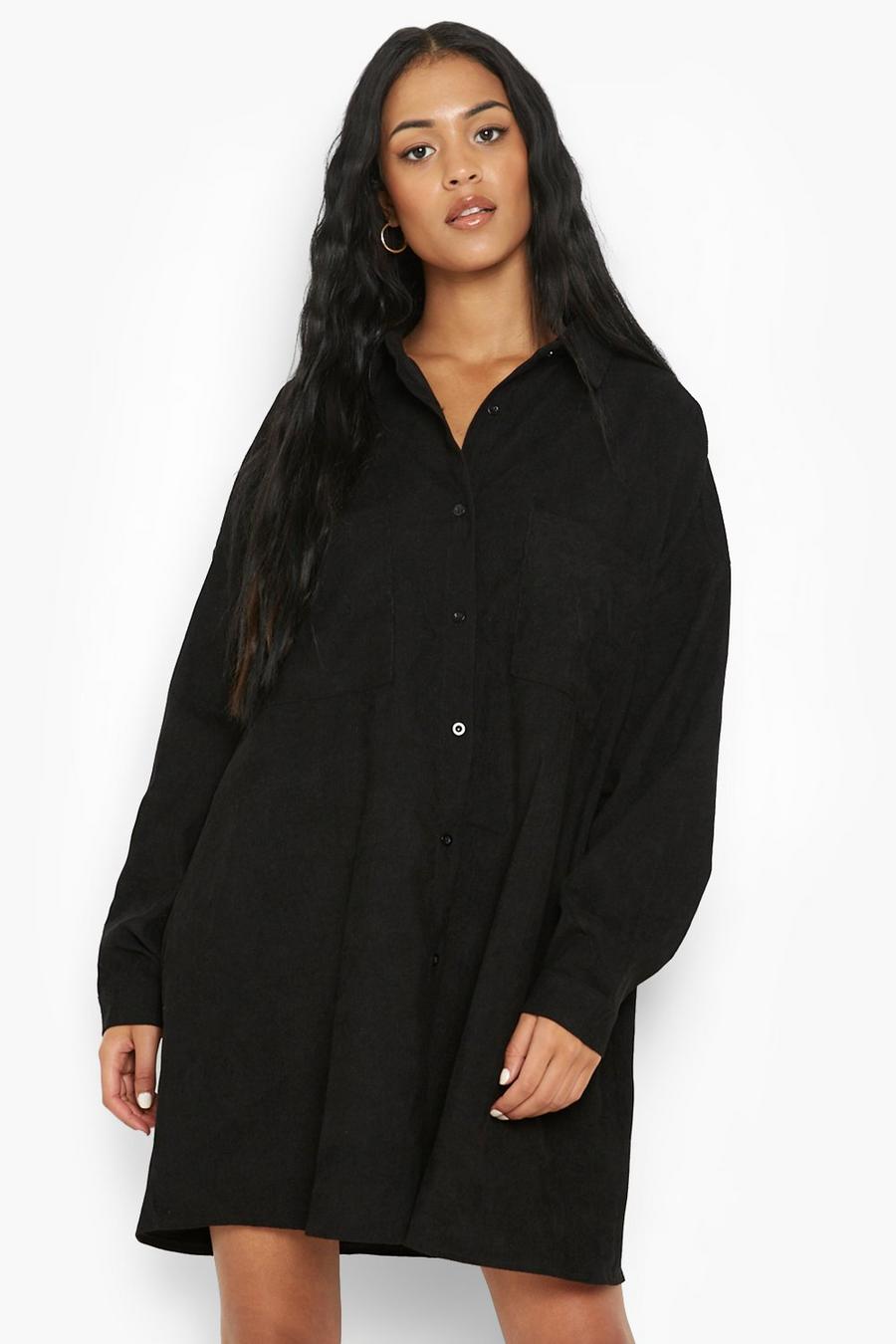 Black Tall Baby Cord Oversized Shirt Dress image number 1