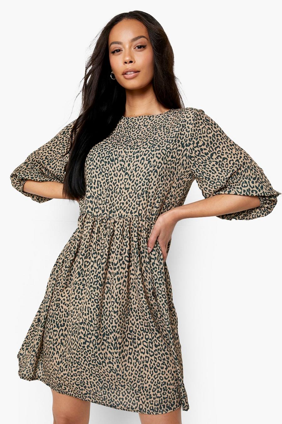 Brown Tall Leopard Print Woven Smock Dress image number 1