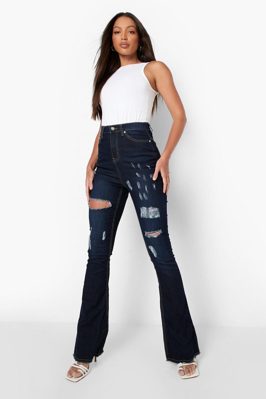 Indigo Tall High Rise Ripped Stretch Flare Jeans image number 1